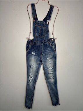 Dollhouse Distressed Dark Wash Denim Overalls - Blue